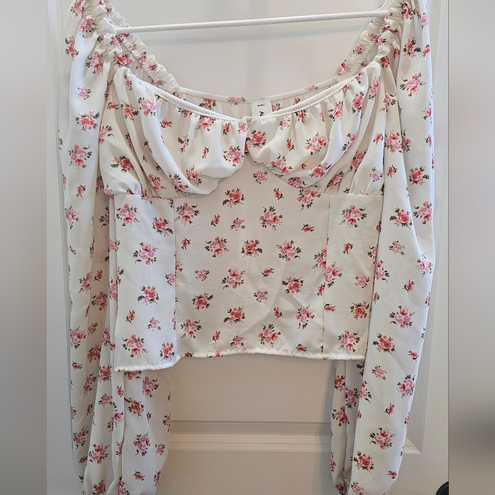 ABOUND Cropped Blouse Women's M White Floral Sweetheart Neck Balloon Sleeve